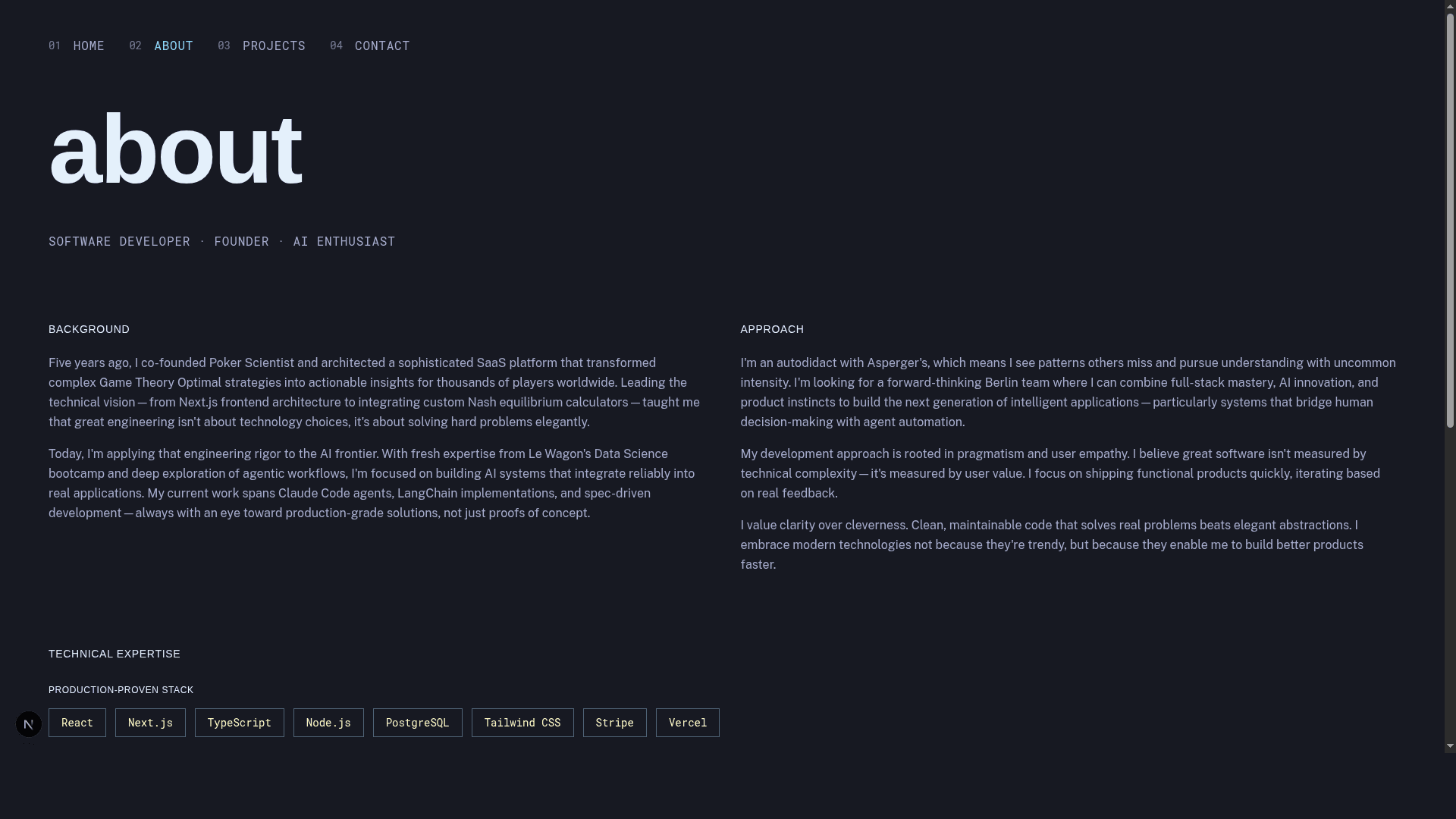 This Portfolio - About page showcasing background, approach, and technical expertise sections