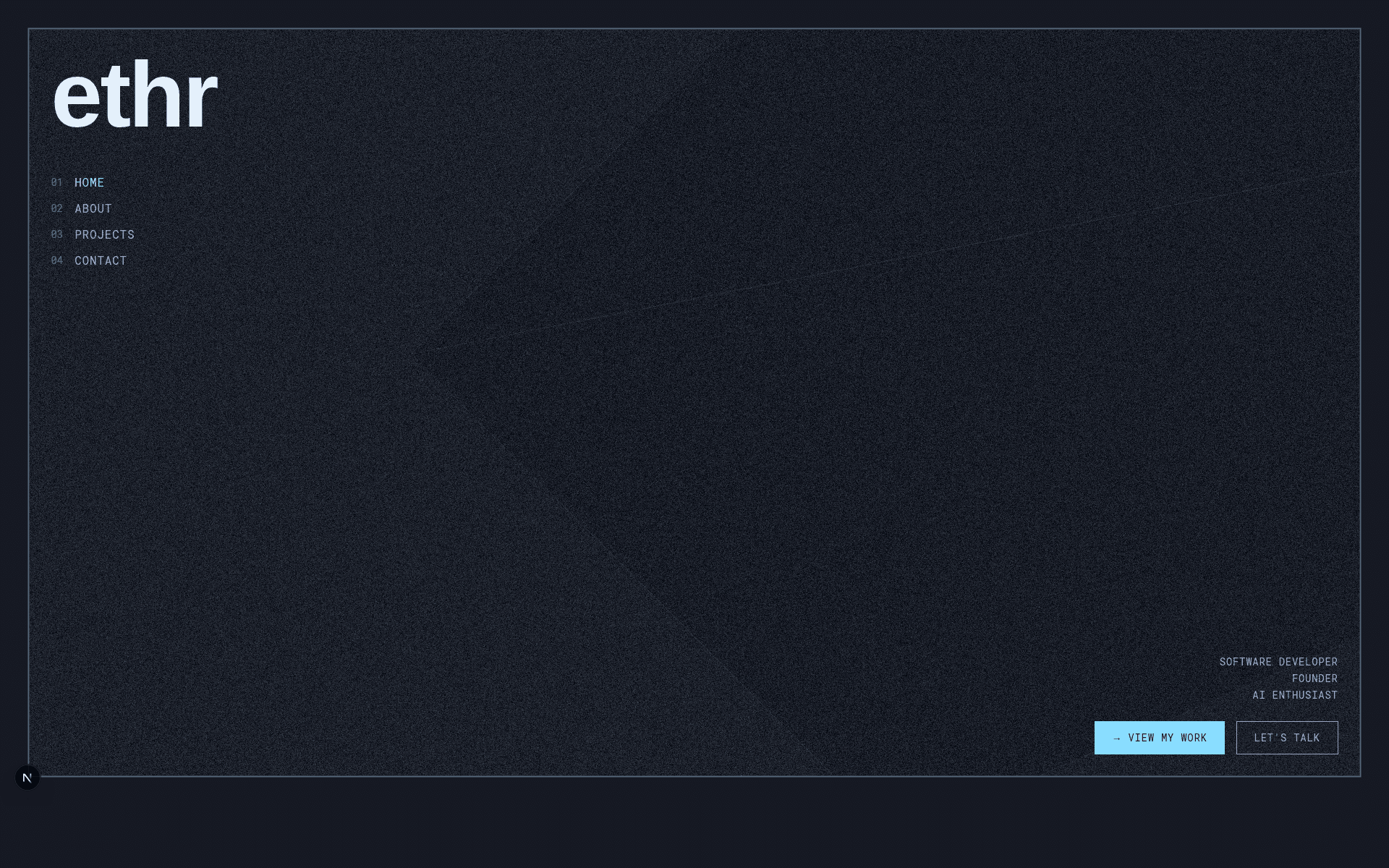 This Portfolio - Home page with animated ethr branding and minimalist navigation