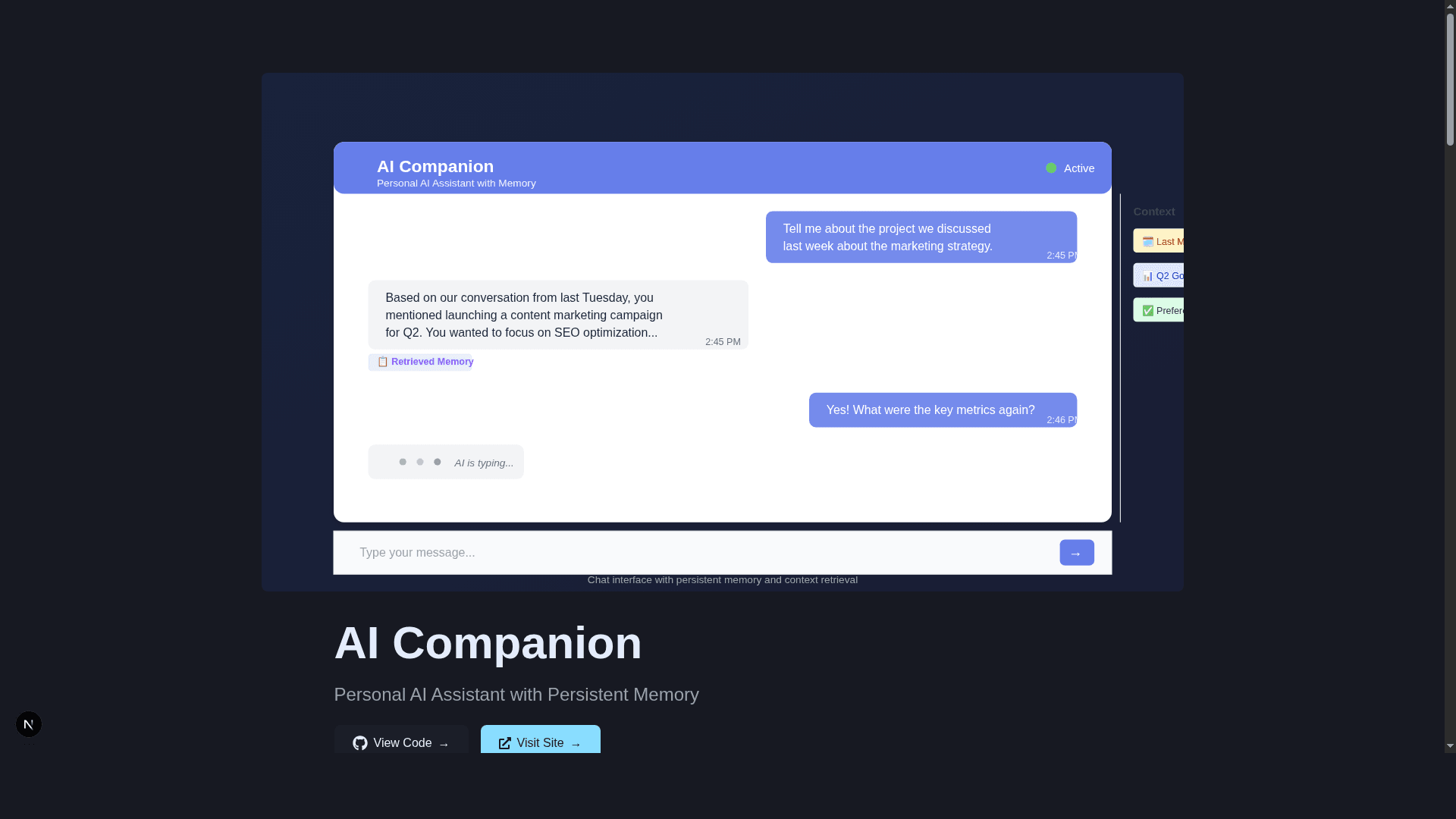 This Portfolio - AI Companion project detail page with chat interface mockup